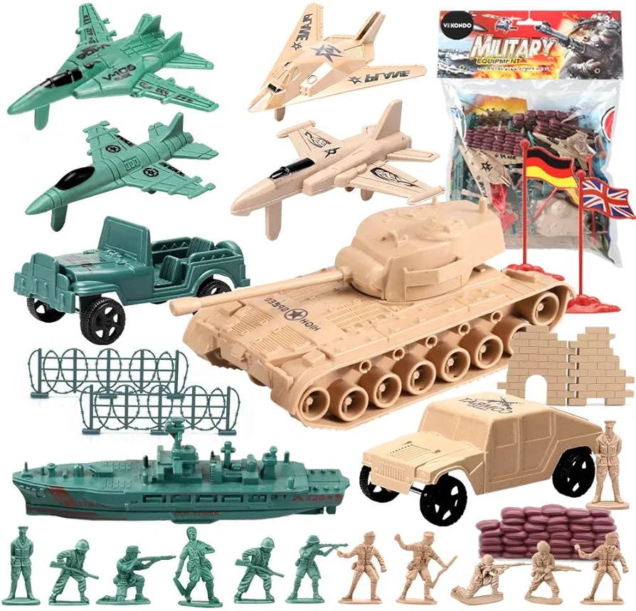 ViiKONDO Army Men Toy Military Playset Green vs Tan Soldier 30pcs Decisive Duel Battle with Armored Vehicle Tank Fighter Jet Warship Model Wargame Gift for Kids