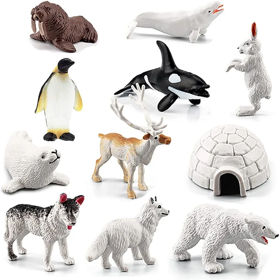 11Pcs Mini Polar Animal Figurines Model Realistic Glowing Igloo Plastic Animal Figure Playset Miniature Arctic Sea Figurines Cake Toppers for Birthday…