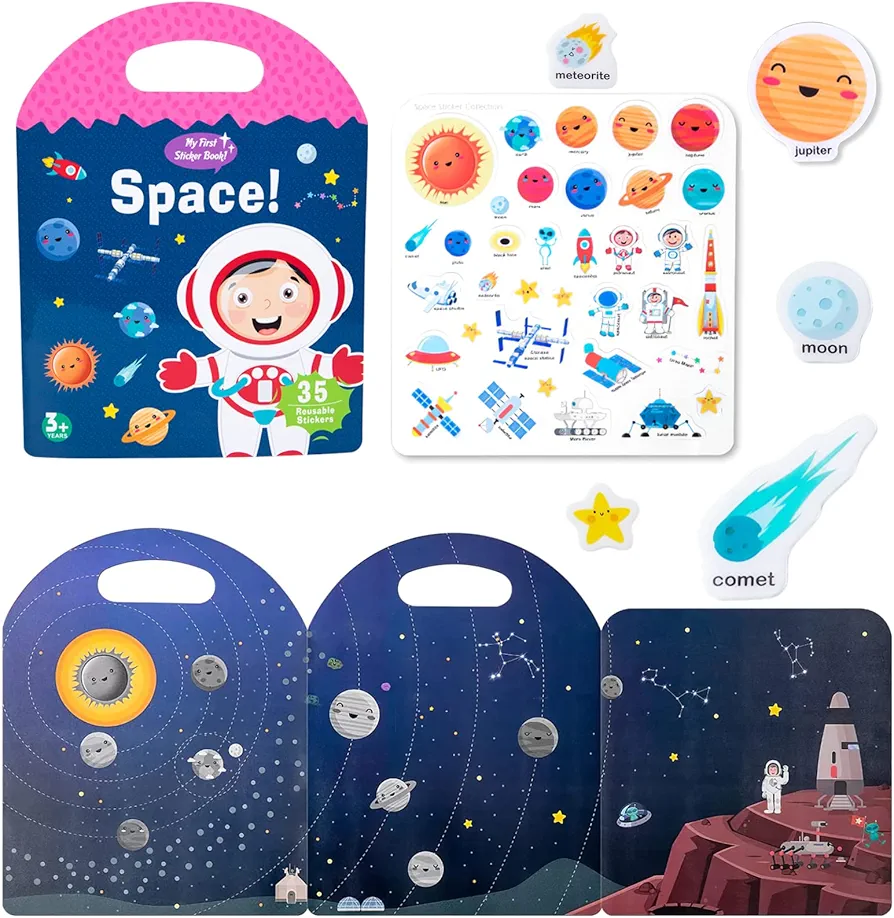 Portable Jelly Sticker Quiet Book for Toddlers, Montessori Busy Book, Preschool Learning Activities Travel Toys (Space)