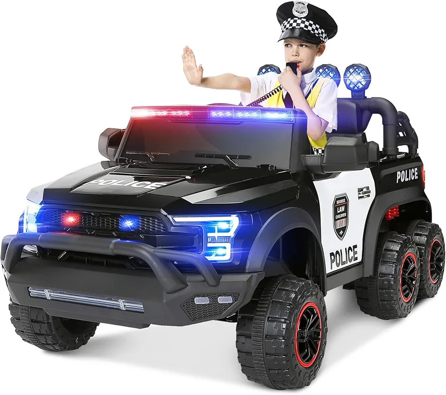 JOYLDIAS Kids Ride On Police Car, 12V Battery Powered Electric Cars W/2.4G Remote Control, 6 Wheels, Real Tailgate, Spring Suspension, LED Flashing Lights, Megaphone Siren Music & Horn Intercom