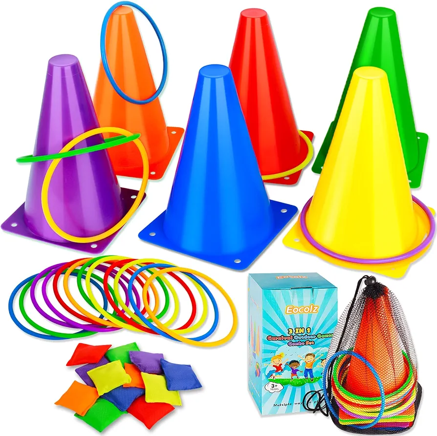 Eocolz 3 in 1 Carnival Games Set, Soft Plastic Cones Bean Bags Ring Toss Games for Kids Birthday Party Outdoor Games Supplies Combo Set