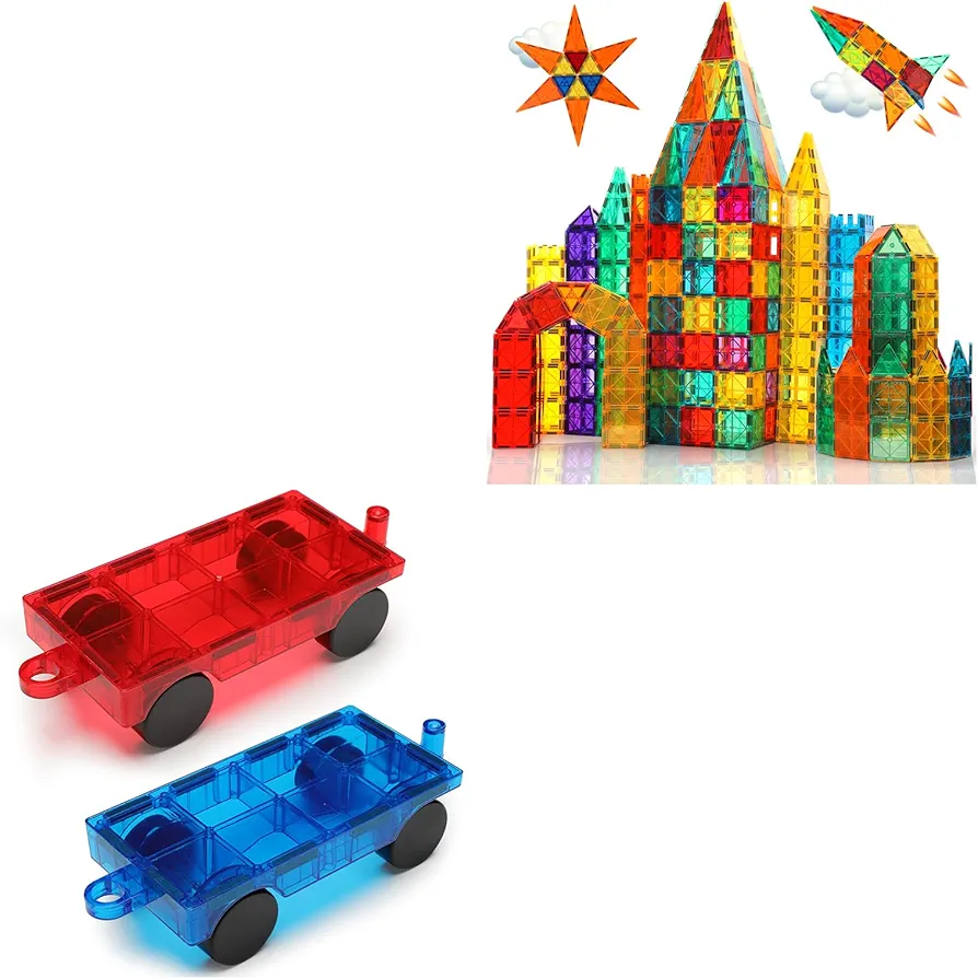 64 PCS Magnetic Tiles Set + 2 Magnetic Cars