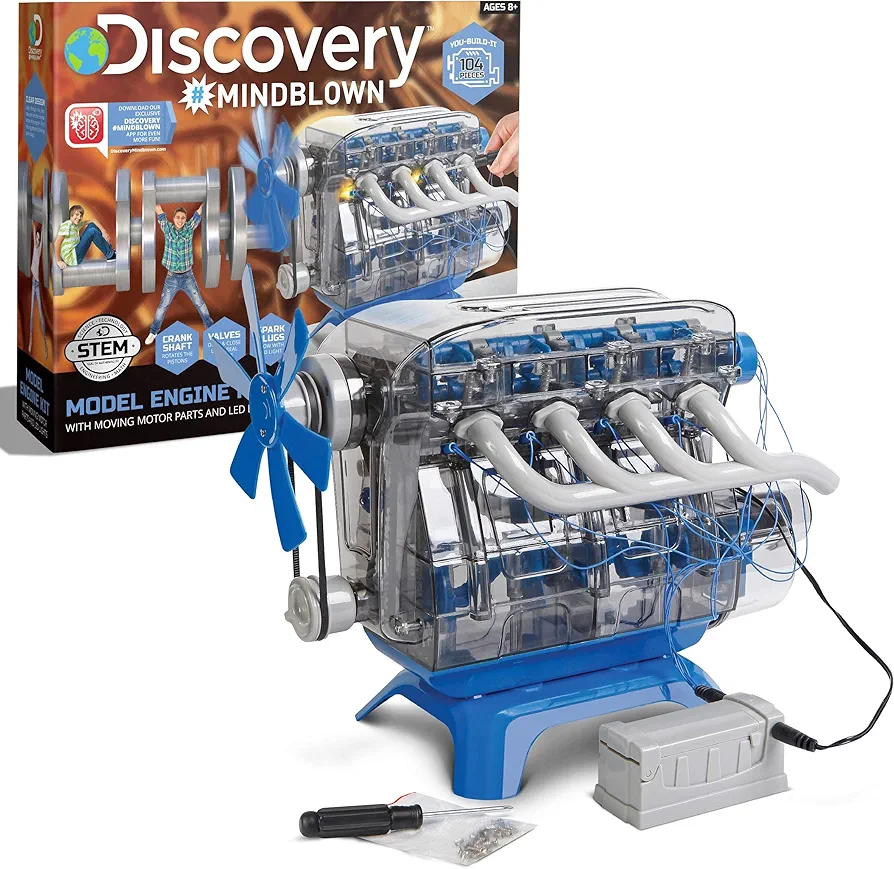 Discovery #MINDBLOWN Model Engine Building Kit, DIY 4-Cylinder Combustion Engine, Working Pistons Fan Valves Belts LED Lights, STEM Mechanic Engineering Construction Experiment Set, Kids & Adults Gift