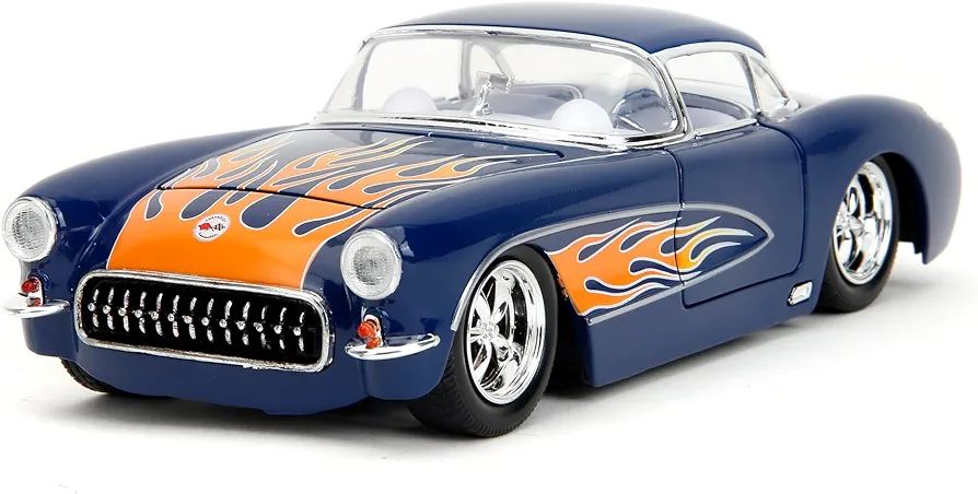 Big Time Muscle 1:24 1957 Chevrolet Corvette Die-Cast Car, Toys for Kids and Adults(Dark Blue/Flames)