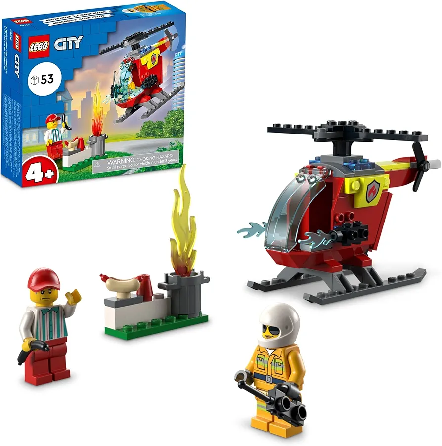 LEGO City Fire Helicopter Toy 60318 for Preschool Kids, Boys and Girls 4 plus Years Old, with Firefighter Minifigure & Starter Brick