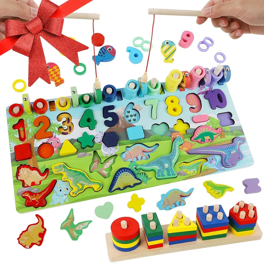 Glintoper Christmas Wooden Gift for Toddlers, Number Puzzle & Sorting and Stacking Toys Set for Kids 2 3 4 5, Montessori Magnetic Fishing Game, Shape Sorter Color Stacker Preschool Activities Gifts