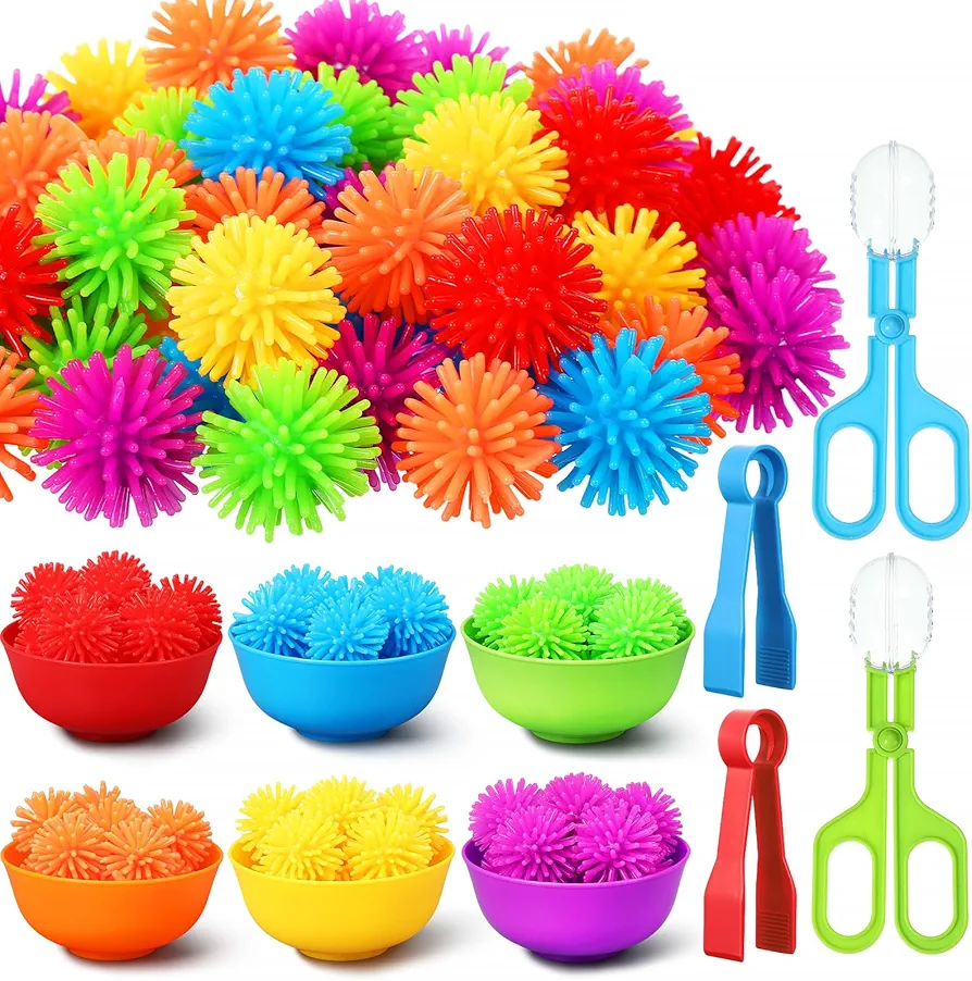 Shappy 82 Pcs Counting Ball Matching Games Color Sorting Preschool Learning Activities, Include 72 Hedge Ball 2 Tweezer 2 Scissor Clip 6 Plastic Sorting Bowls for Math Educational Sensory Training