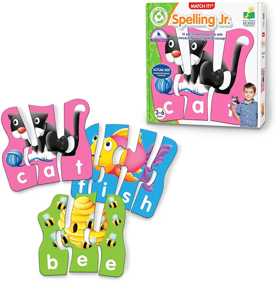 The Learning Journey - Match It! Spelling Jr. - 15 Piece Self-Correcting Spelling Puzzle for Three and Four Letter Words with Matching Images - Word Puzzles for Kids Ages 3-5 - Award Winning Toys