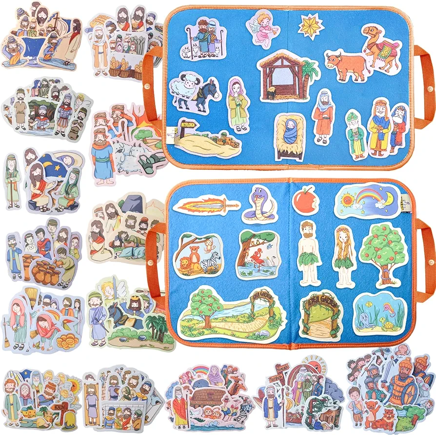 CHEFAN 16 Sets Bible Felt Board Stories Set Include Noah's Ark, The Nativity of Jesus, Adam&Eve, The Lost Coin and Jesus Turns Water into Winer etc, Precut Flannel Graph Bible Toys for Kids