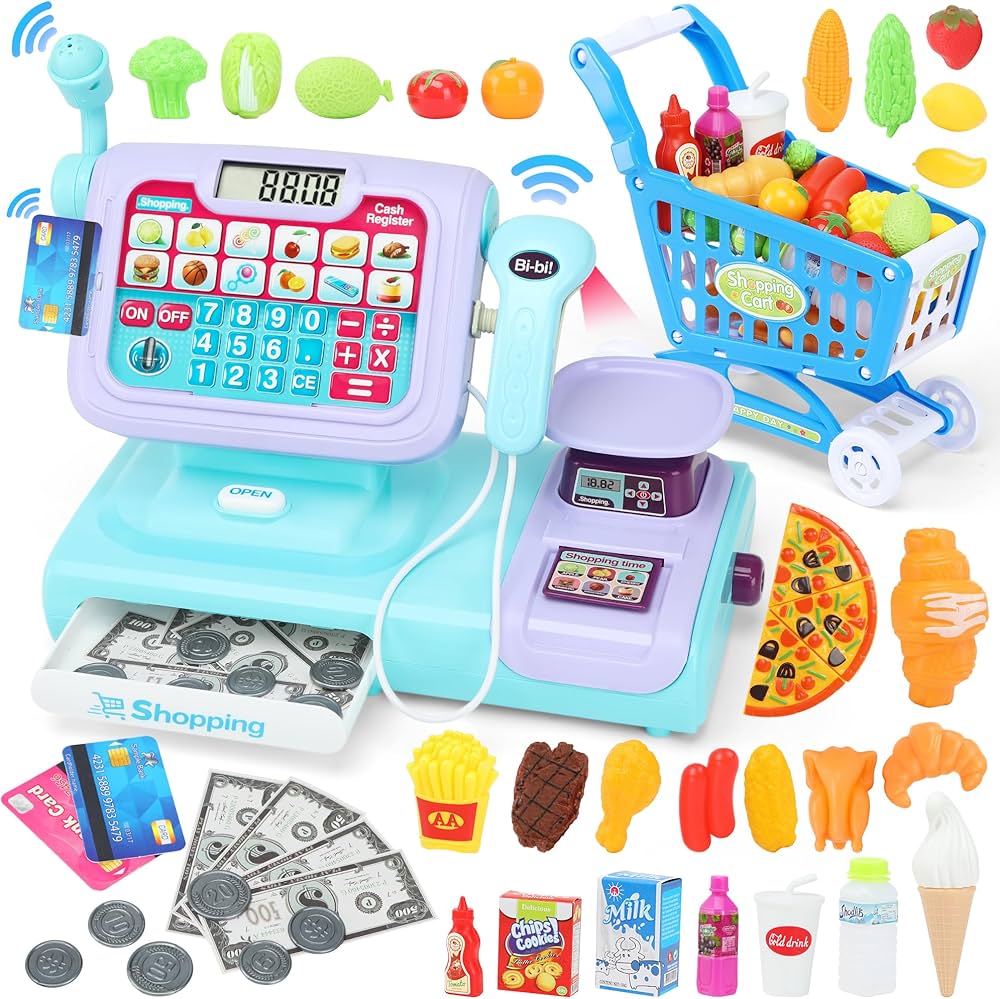 Cash Register for Kids, Pretend Play Calculator Cash Register Toy - 42Pcs Play Store with Grocery Cart, Play Food, Microphone, Scanner & Sounds, Educational Toy Preschool Gift for Kids Ages 3+