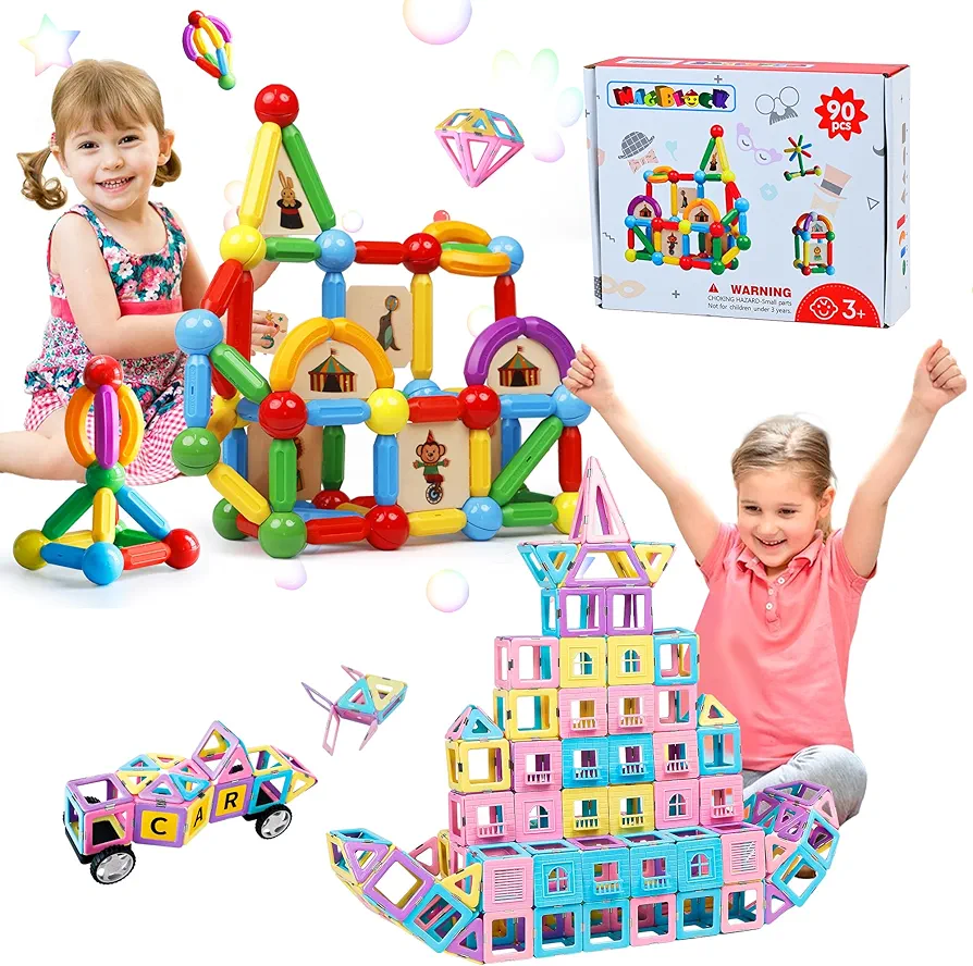 MAGBLOCK Upgraded Magnetic Tiles Toys for 3 4 5 6 7 8+ Year Old Girls, Magnet Sticks Balls and Rods Building Sets, Sensory Montessori Toys for Preschool Toddlers Kids