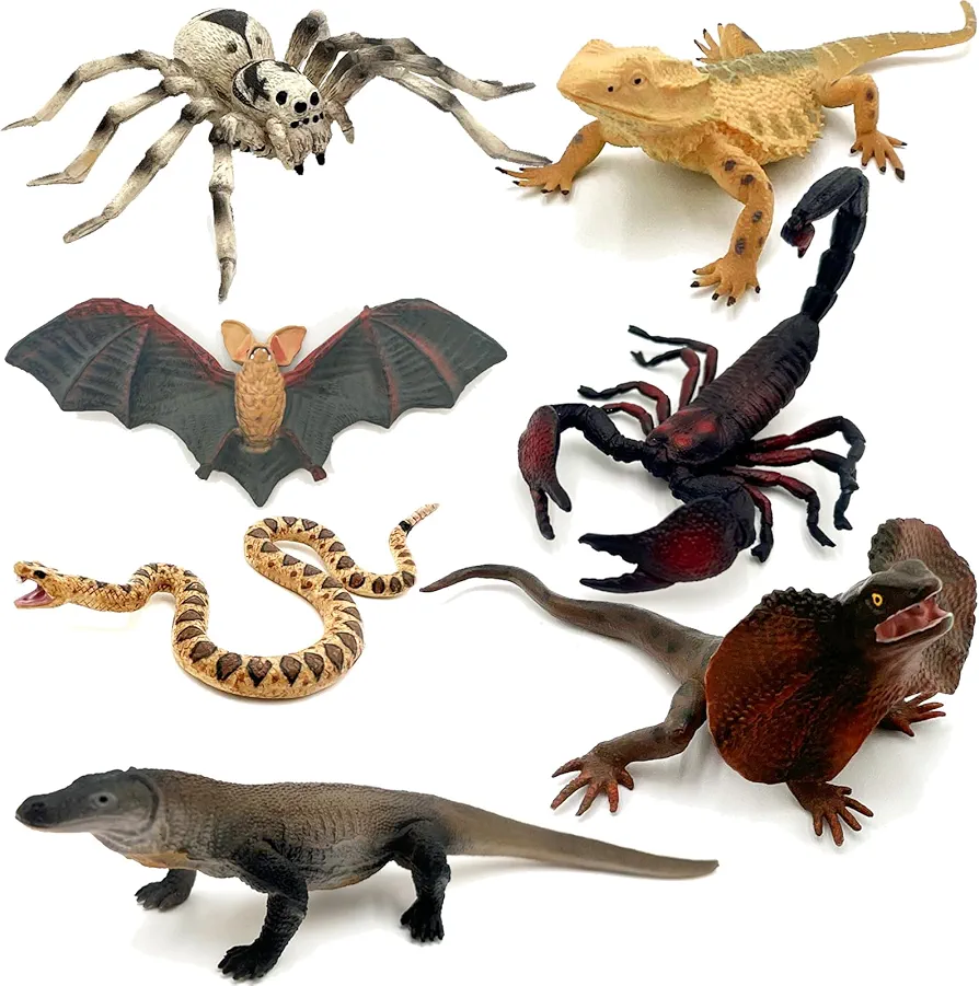 Gemini&Genius 7Pcs Reptile Animal Toys for Kids, Amphibians Desert Animal Toys with Komodo Dragon Lizard Snake Spider Chameleon, Cold Blooded Animal Figures Toy Set, Play and Display Gifts for Kids