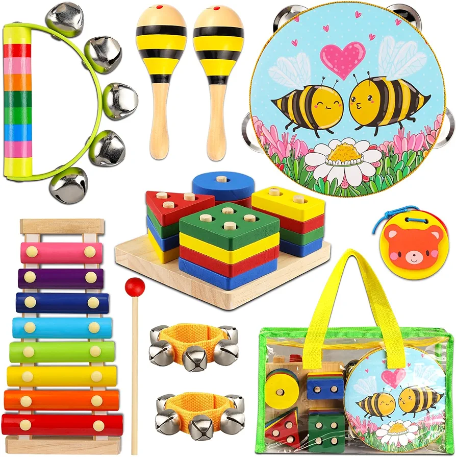 Toddler Musical Instruments for Kids,Baby Musical Toys Preschool Educational Wooden Percussion Instruments Toddler Toys with Bag for Boys and Girls