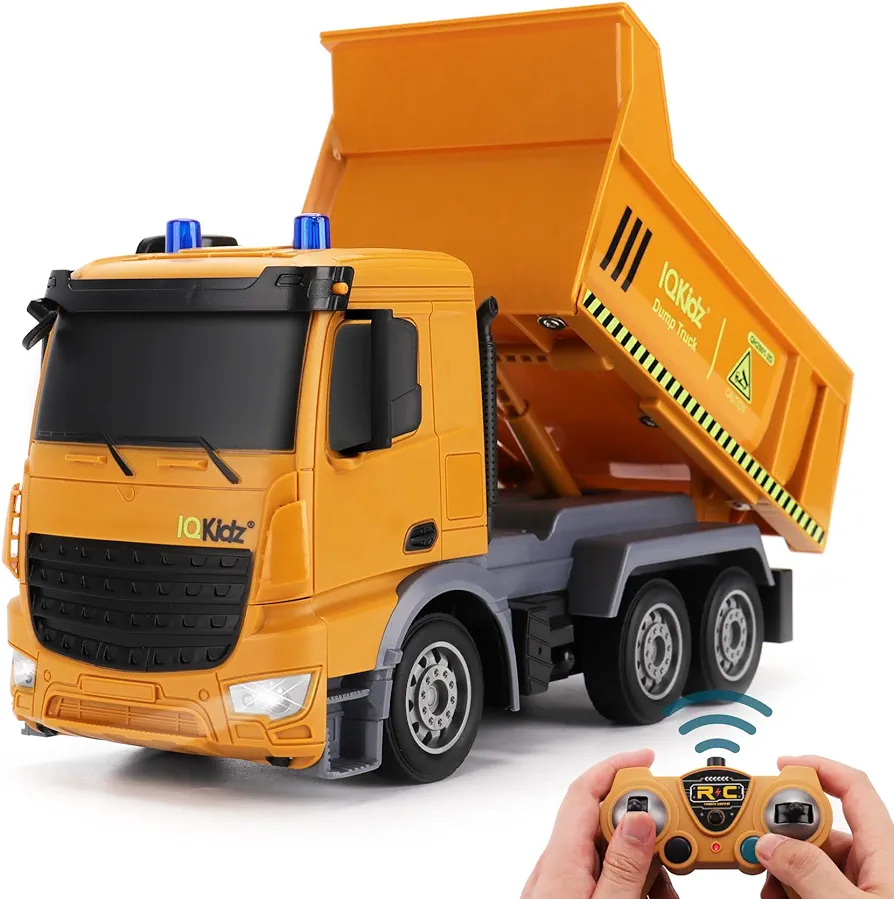 Remote Control Dump Truck Toys - RC Construction Vehicles with Blue Warning Lights, Trucks Toy for Boys Girls 3 4 5-7 8 9 10 Year Old and Up, Best Birthday Gift Ideas for Kids Age 5-10