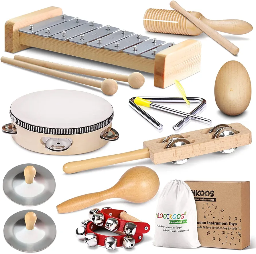 LOOIKOOS Toddler Musical Instruments International Natural Wooden Music Set for Toddlers and Kids - Eco Friendly Preschool Educational Musical Toys with Storage Bag