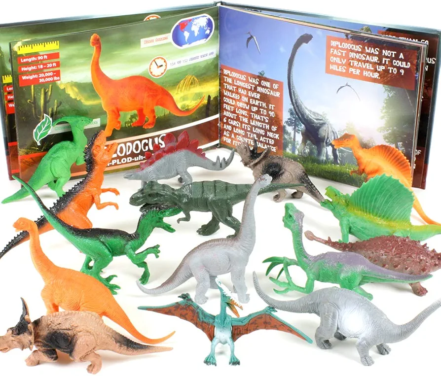 15 Piece Dinosaur Toy Figures with Hardcover Book Set for Boys & Girls Ages 3 4 5 6 7 8 9 10 Year Old, Plastic Educational Jurassic Models for Kids, Large Tyrannosaurus (T-Rex) Play Dino