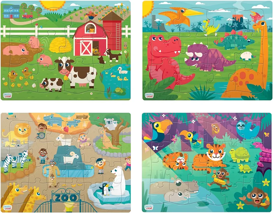 Chuckle & Roar - 4 Pack Tray Puzzles - Farm, Dinosaurs, Jungle, and Zoo - Larger pieces designed for preschool hands - 12 & 24 PC Tray Puzzles