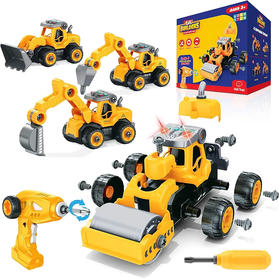 USA Toyz Lil Builders Take Apart Construction Toy for Kids - 4-in-1 Take Apart Truck with Drill, 34pc RC Truck STEM Toy Construction Vehicle Building Take Apart Toys with Electric Drill Remote Control