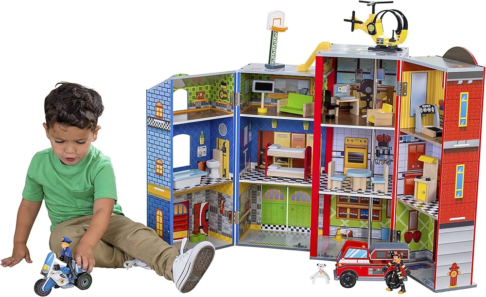 KidKraft Everyday Heroes Wooden Playset, 3-Story with 26-Piece Accessories, Foldable for Storage