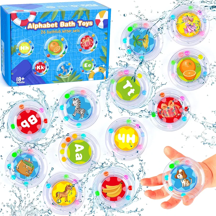 26pcs Baby Bathtub Alphabet Set, Baby Floating Bath Letters Toys with 6 Beads, Preschool Montessori Learning Letters Water Pool Infant Toys Educational Activity Shower Toy for Kids