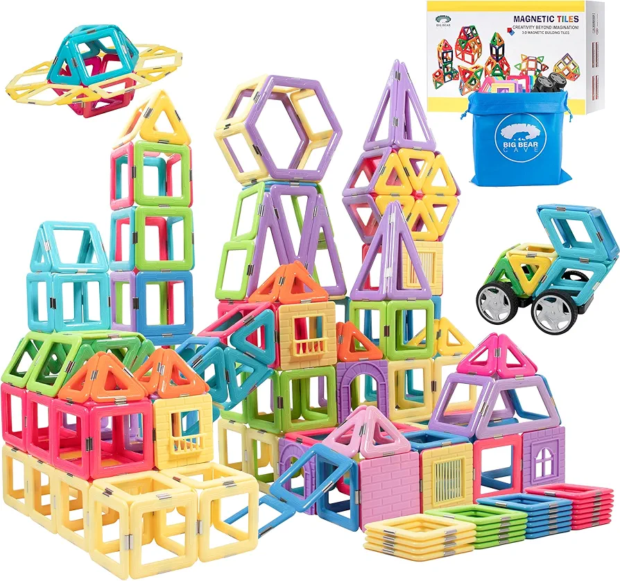 BigBear Cave 146 pcs Magnetic Blocks Building Tiles for Kids with 2 Cars & Storage Bag- Magnet Tiles STEM Educational Toys for Ages 3 + Years