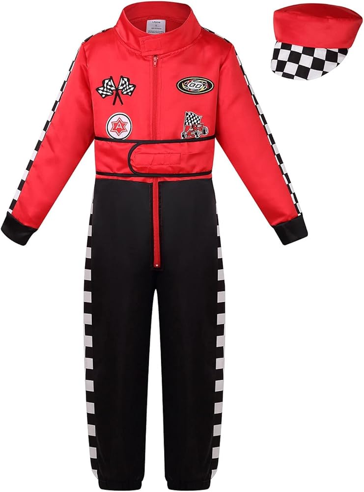 LMYOVE Kids Race Car Driver Costume Boys Girls Racing Halloween Play Role Dress Up Racer Jumpsuit and car cap Toddler 3-9Y