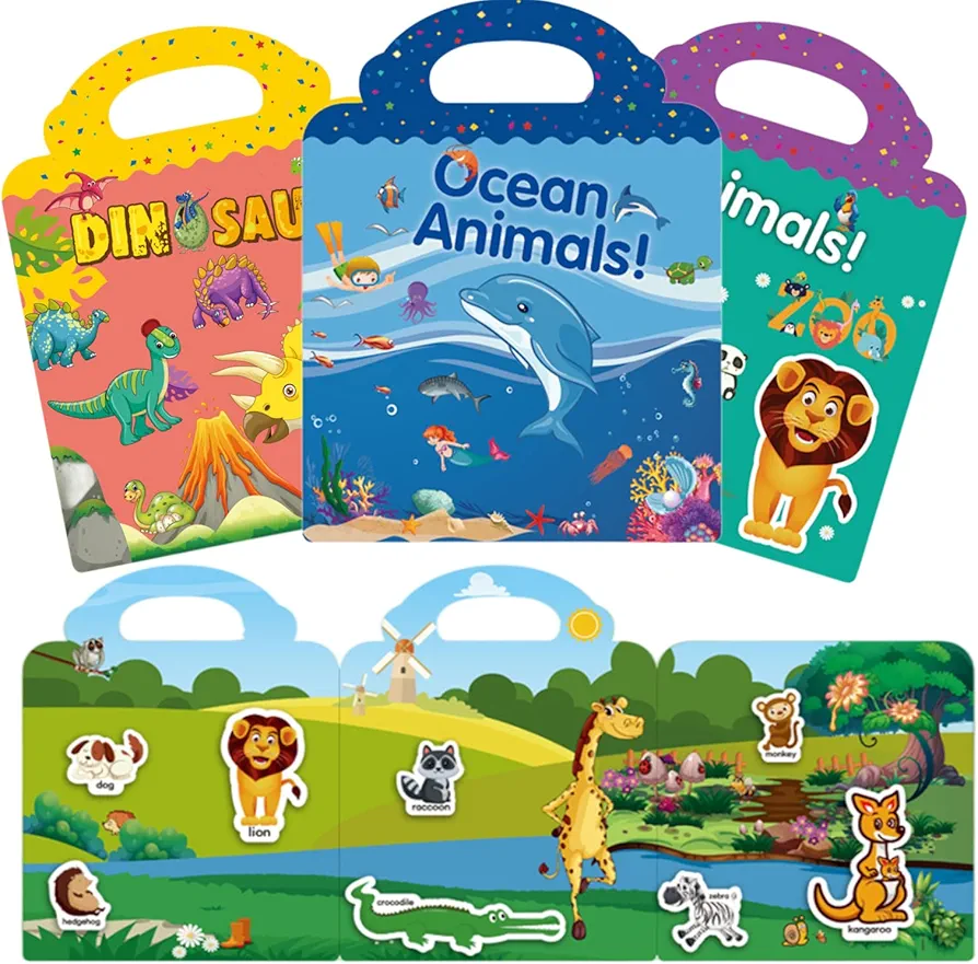 Sticker Books for Kids 2-4, Reusable Sticker Book Dinosaur, Animal and Ocean Theme Travel Activity Books Stickers for Girls Boys Preschool Education Learning Toys Birthday Gift