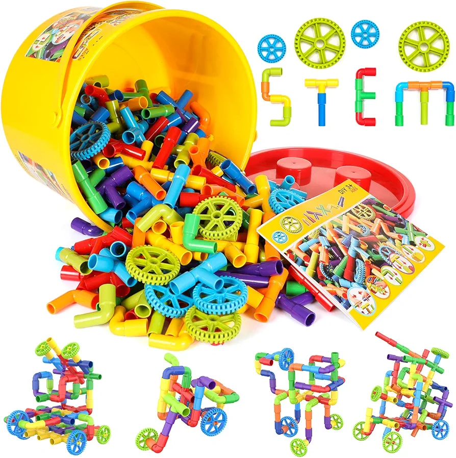 WishaLife 250 Pieces STEM Building Blocks Set, Kids Tube Locks Construction Set with Storage Box, Preschool Educational Learning Pipe Toy Gift for Toddler Aged 3+