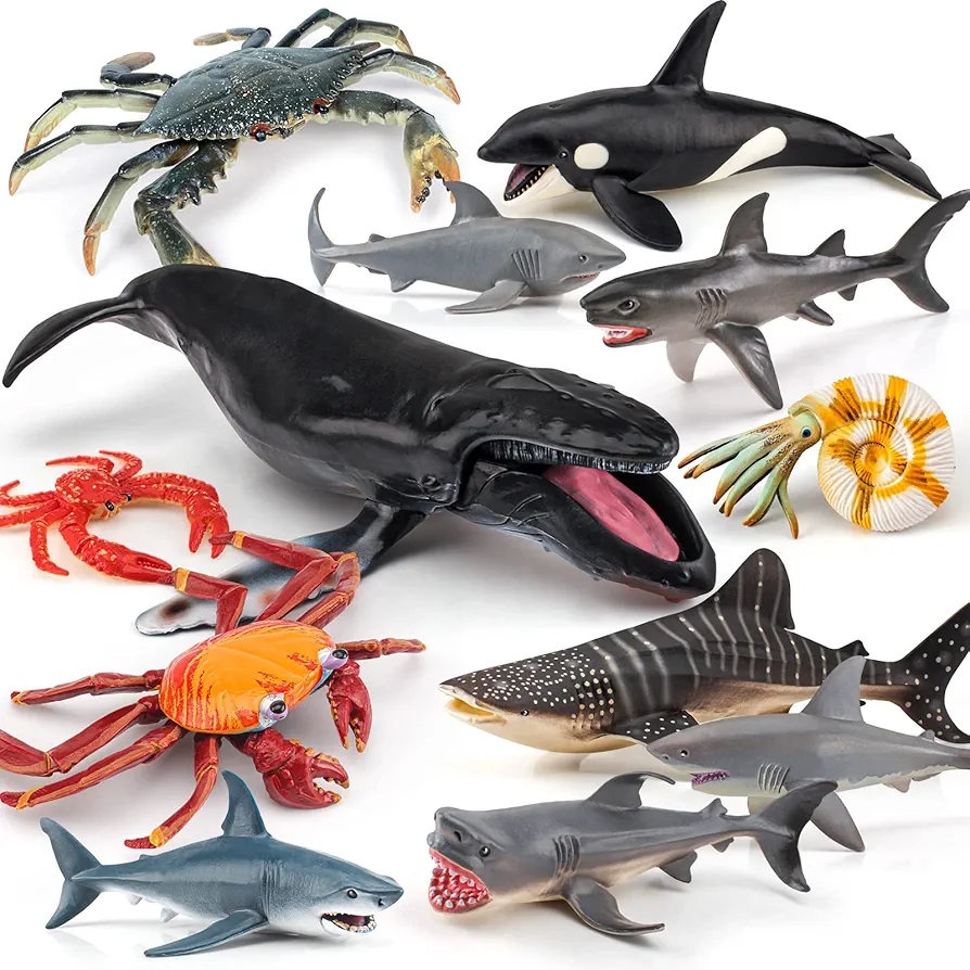 Fantarea Sea Marine Animal Model Ocean Creatures Sealife Toys Playsets 12 PCS Shark Crab Nautilus Action Figure Toys for Kids