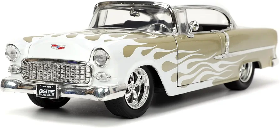 Big Time Muscle 1:24 1955 Chevy Bel Air Die-Cast Car, Toys for Kids and Adults(White/Gold Flames)