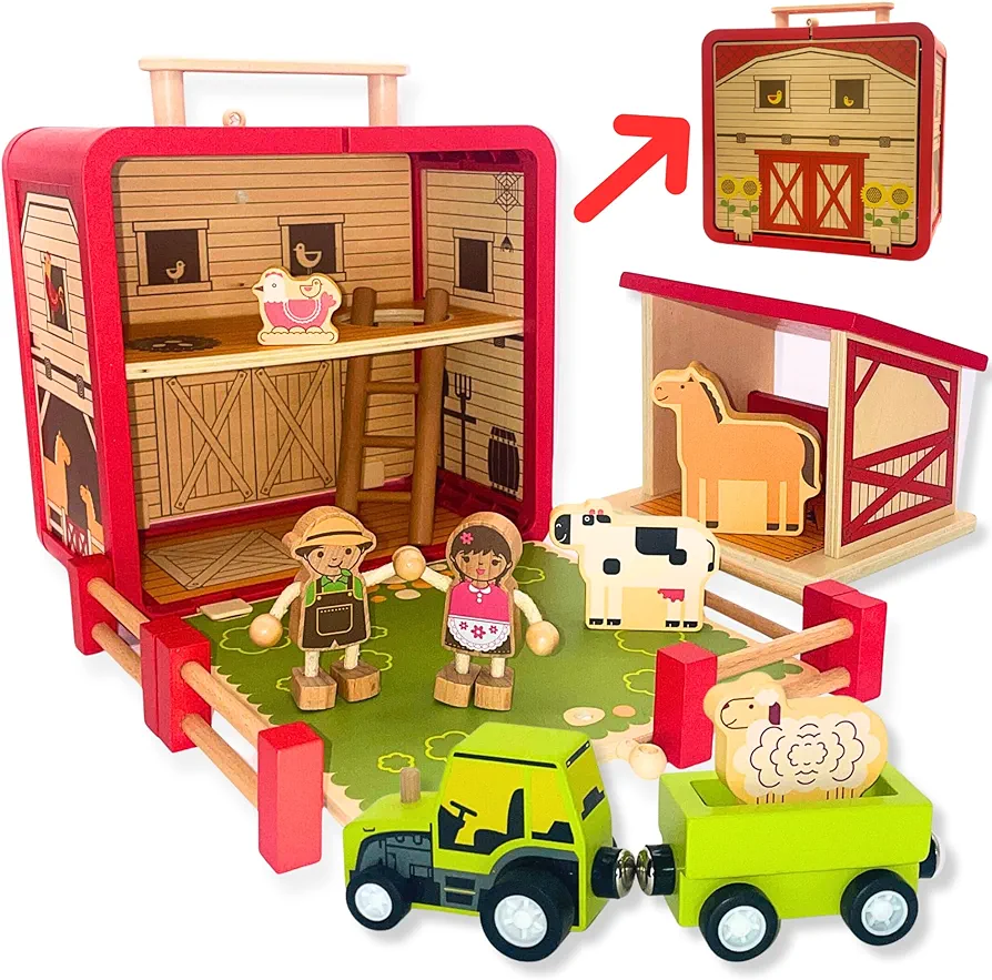 Wooden Toy Farm Playset - Toddler Toys Include Portable Barn Carrying Case, Cute Little People Farmers, Tractor & Farm Animals - A Kids Travel Essential