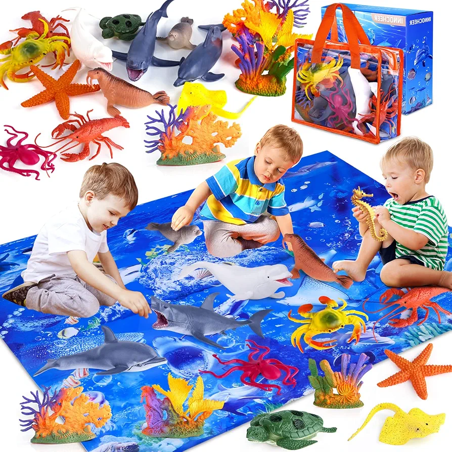 INNOCHEER Kids Ocean Animals Toys, Sea Animals Toys for Kids,18 Pack Ocean Toys for Kids Toddlers Boys Girls Age 3-8-12, Sea Creatures Toys Set for Kids with PlayMat Including Shark, Whale, Dolphin