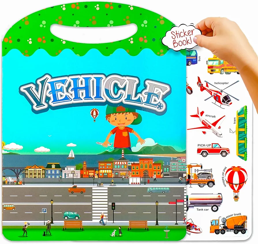 Reusable Sticker Books for Toddlers 3-4, Vehicles Learning Activity Books for Kid 4-8, Truck Sticker Activity Books for Boy, Kindergarteners Preschool Travel Crafts Busy Book Gifts