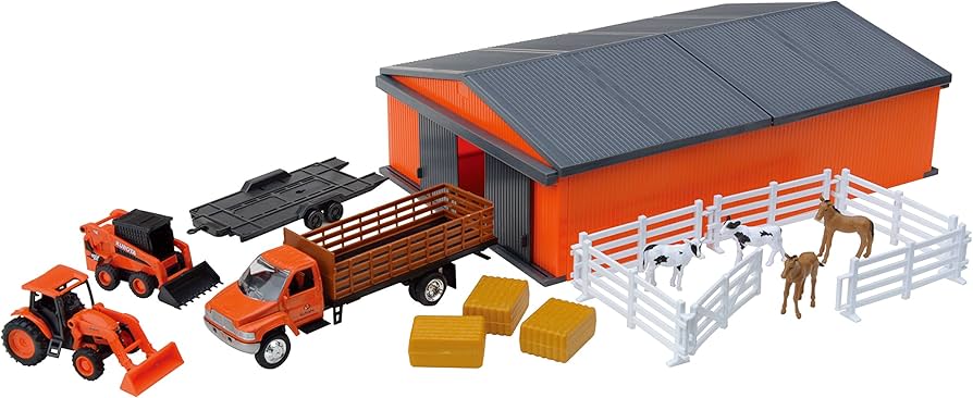 New Ray Kubota Farm Vehicles with Machine Shed Set