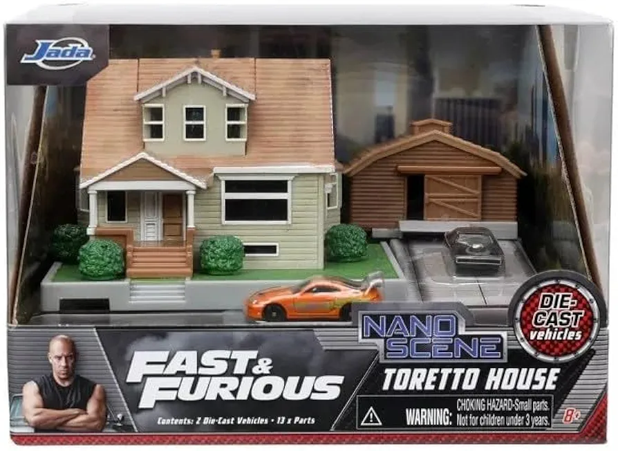 Jada Toys Fast & Furious Nano Hollywood Rides Dom Toretto's House Display Diorama with Two 1.65" Die-cast Cars, Toys for Kids and Adults (33668)