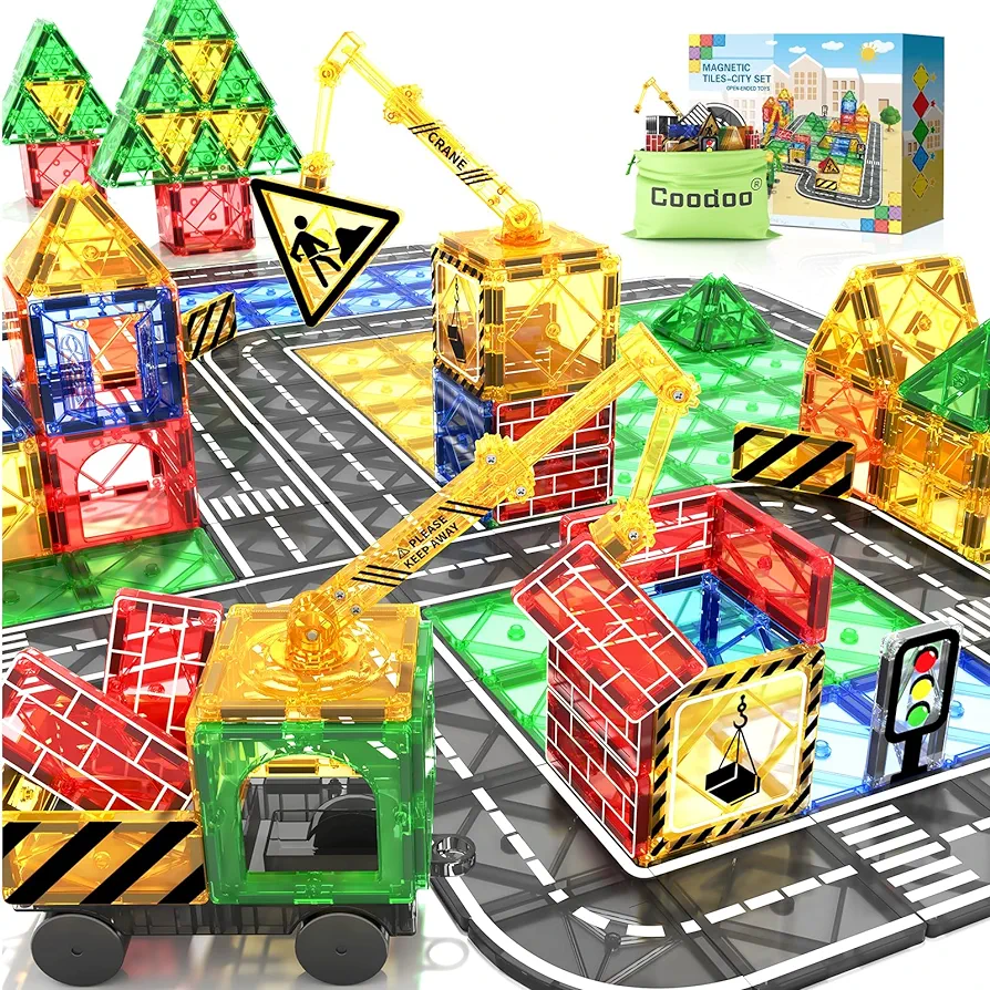 Kids Games Magnetic Tiles Road Set with Extendable Magnetic Crane, City Construction Building Toys for Toddlers STEM Preschool Toys Ages 4-6 5-7, Gifts for 3+ Year Old Boys Girls Kids Toys with Car