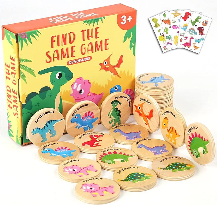 Wooden Match Memory Game for Kids, 24Pc Memory Matching Cards with 5Pc Tattoo Stickers, Educational Memory Matching Game for Pre-Kindergarten Early Learning Development Kids-Dinosaur