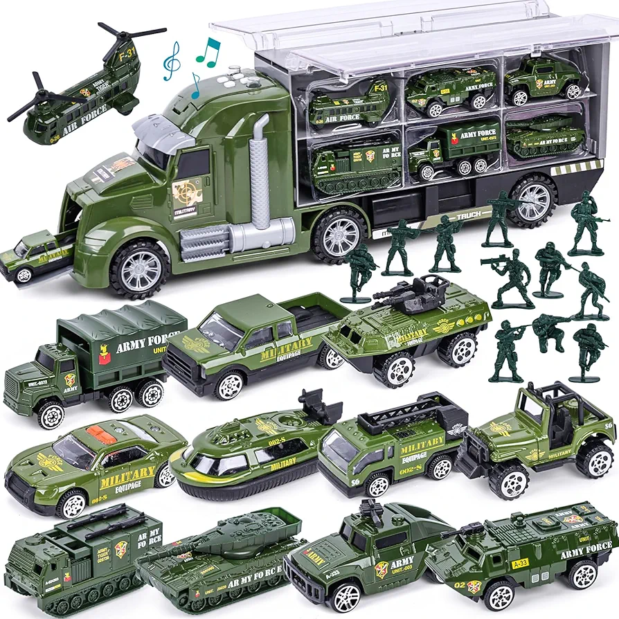 LovesTown Military Truck Toy Set, 25 in 1 Military Big Truck with Sounds Lights 12 Military Vehicles 12 Toy Soldier Figures for Kids Birthday