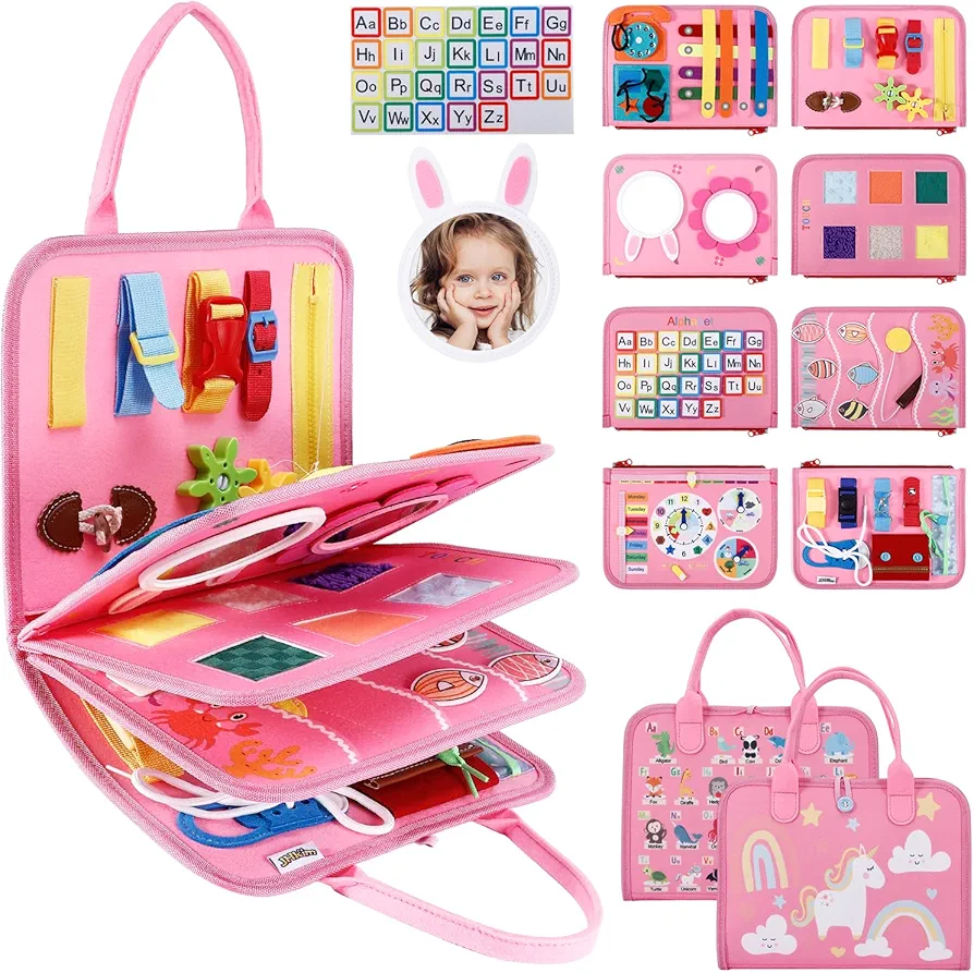 Busy Board for Toddlers 1-4, Sensory Board Travel Toys Gifts for 1 2 3 4 Year Old Girls Boys, Montessori Toys to Learn Fine Motor Skills, Educational Activities Busy Book for Airplane Car (Pink)