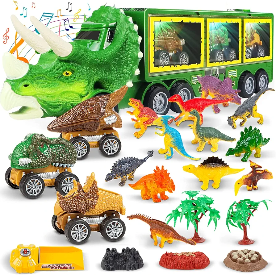 ToyVelt Dinosaur Truck, Dinosaur Trucks for Kids 3-5, Dino Truck with 12 Figures & 3 Dino Cars, Dinosaur Truck Toy with a Coloring Book, Dino Hauler & Transporter, Dinosaur Playset for Boys & Girls