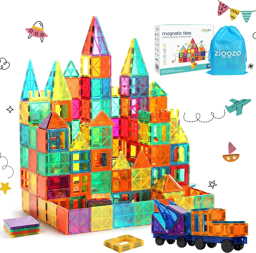 Magnetic Tiles | 100 pcs Magnetic Blocks for Kids with 2 Cars | STEM Educational Toys for Toddlers & Kids | 3D Magnet Toy Construction Building Set | Where Fun and Learning Click