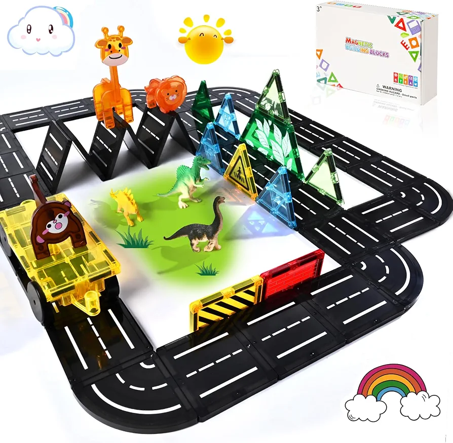 42 Pcs Magnetic Tiles Downhill Duo Road Kids Toys Set with 22 Road Tiles,1 Car,3 Dinosaur Toys,6 Animal Parts and 10pcs Classical Tiles, Magnet Building Blocks Expansion Pack, Gift for Ages 5-7 4-8