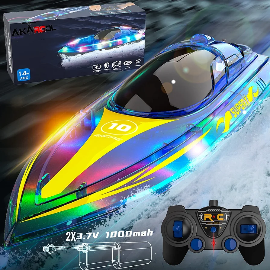 RC Boat with LED for Kids and Adults - Remote Control Boat for Pools and Lakes 2.4 GHZ RC Boats with 2 Rechargeable Battery Whole Body Waterproof, Low Battery Alarm, Water Play Toy Gift for Boys&Girls