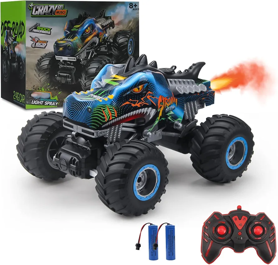 Remote Control Dinosaur Car, 2.4GHz All Terrain Remote Control Monster Truck, RC Dinosaur Monster Car, Spray Music Monster Truck RC Cars for Boys 4-7 8-12 and Girls