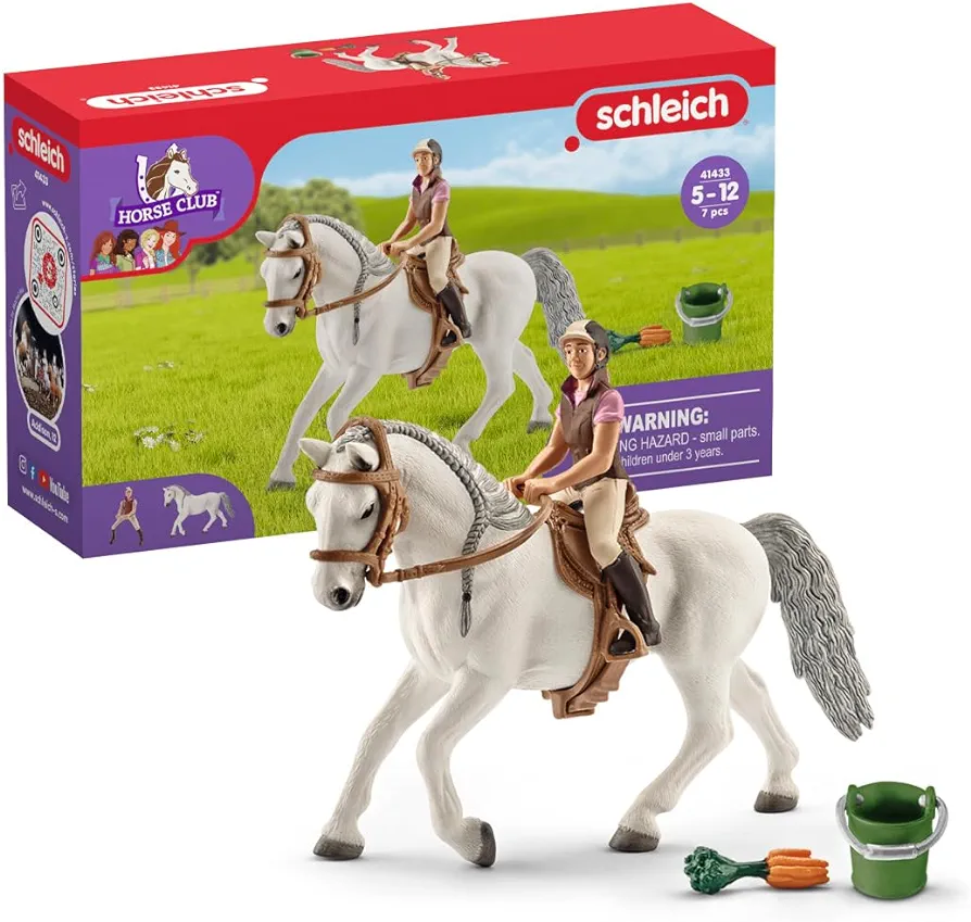 Schleich Horse Club Lipizzaner Mare Horse and Rider Figurine Playset - Realistic Rider and Horse with Feed Bucket, Saddle, and More, Playtime Fun for Boys and Girls, Gift for Kids Age 5+