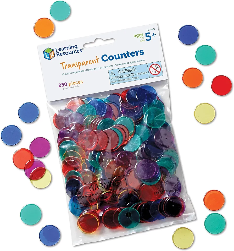 Learning Resources Transparent Color Counting Chips - 250 Pieces, Ages 5+, Math Counters for Kids, Counting Chips, Perfect for Bingo Games,Back to School Supplies,Teacher Supplies