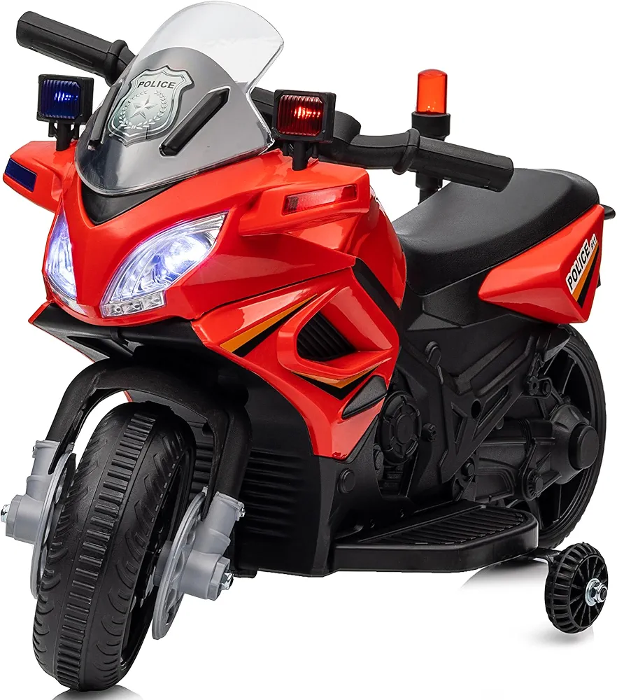 6V Police Electric Kids Motorcycle, Ride on Toy Car for Toddler 1-3 Girls with Training Wheels, Music - Red