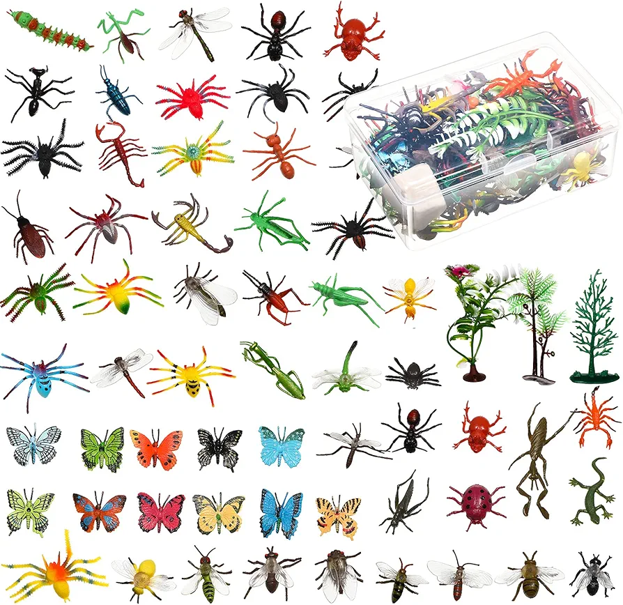 Fake Bugs Toy Assorted Play Bugs Insect Toys Figures Mini Realistic Insect Toys Random Plastic Insects Bug Toys with Storage Box for Children Insect Themed Halloween Party (Cool Style,75 Pieces)