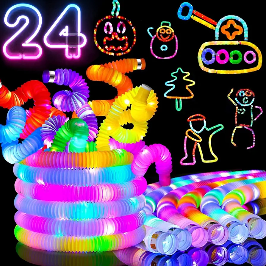 Jishi 24-Pack Light Up Glow Sticks Fidget Pop Tubes Party Favors for Kids Toddler Sensory Toys Bulk, Goodie Bag Stuffer Fillers, Birthday Return Gifts Treat Prizes, LED Glow in The Dark Party Supplies