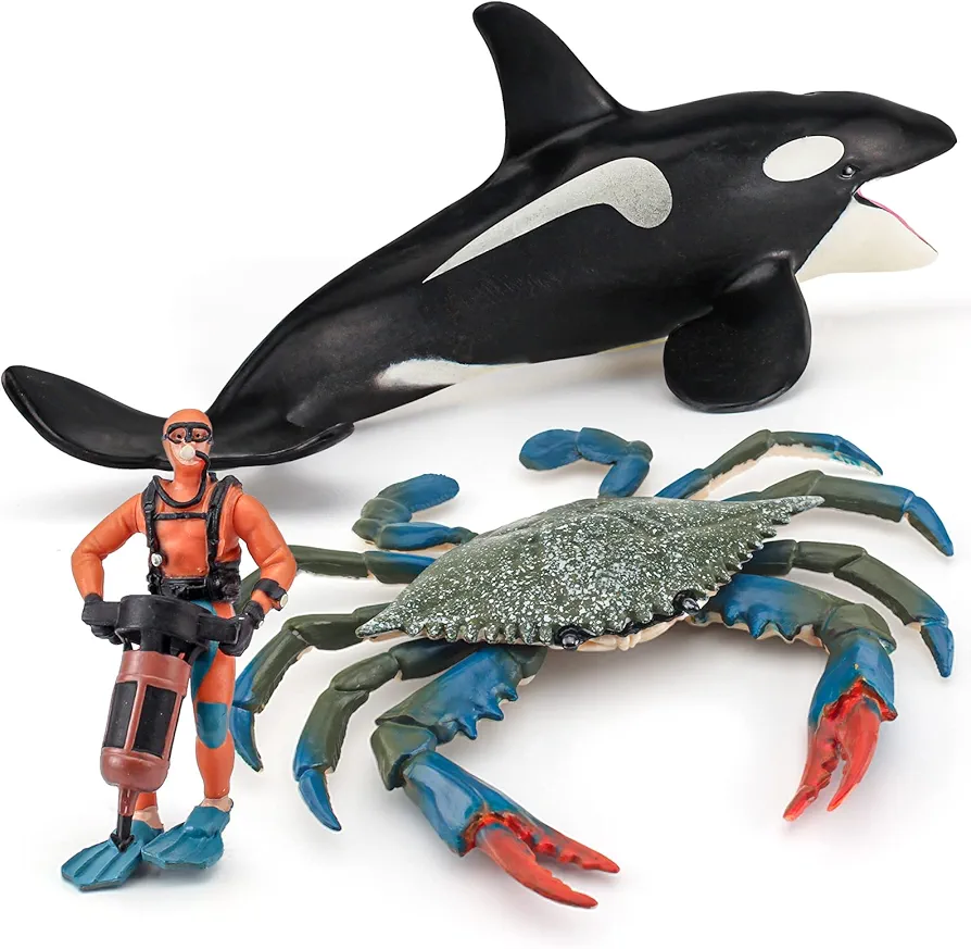 Ocean Sea Marine Animal Figure Toys Playsets 3 PCS Diver Killer Whale Crab Model Toy Desktop Decoration Collection Party Favors Toys for Boys Girls Kids